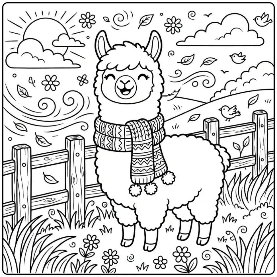 Happy alpaca coloring page with a scarf by a wooden fence
