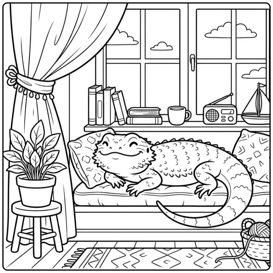 Bearded dragon coloring page on a windowsill with plants