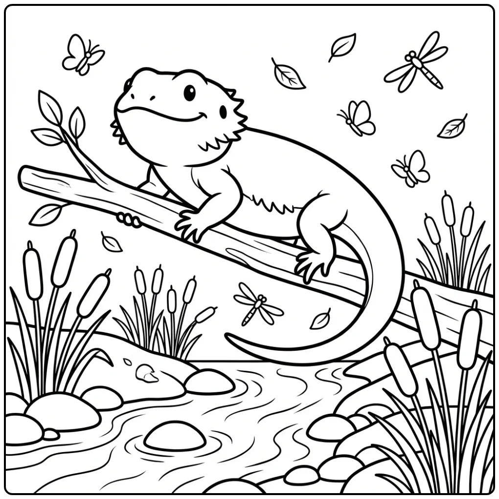 Bearded dragon coloring page balancing on a branch above water