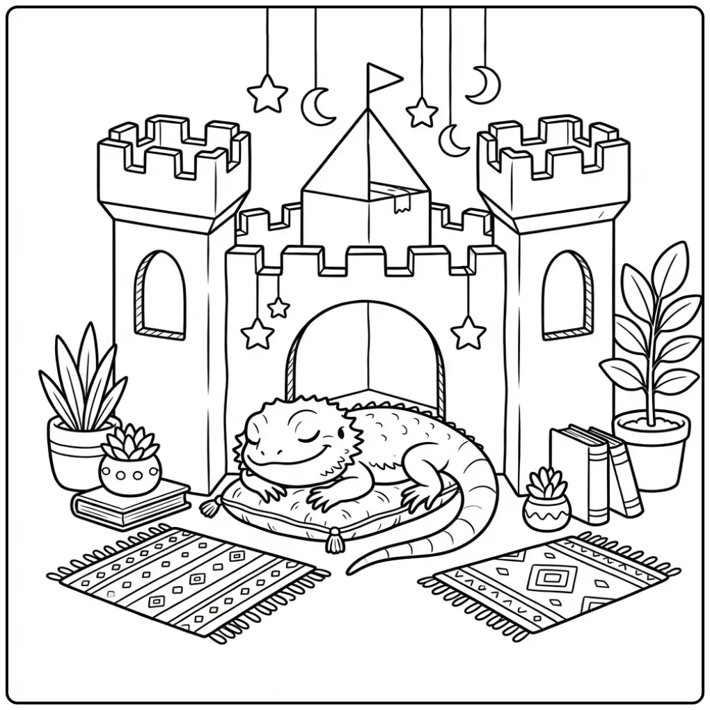 Bearded dragon coloring page sleeping in a cozy castle