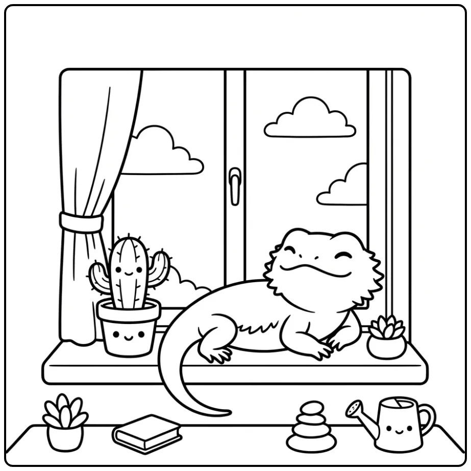 Bearded dragon coloring page on a sunny windowsill