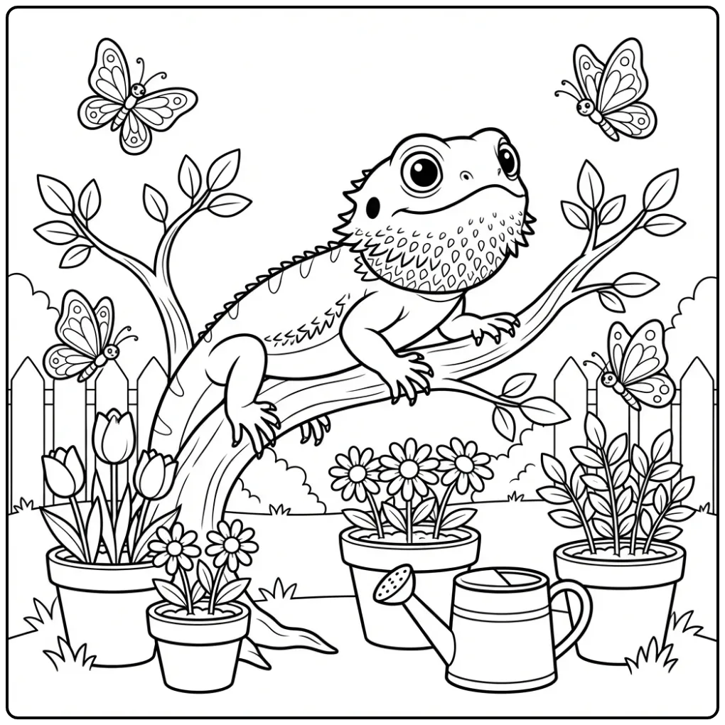 Bearded dragon coloring page in a garden with butterflies