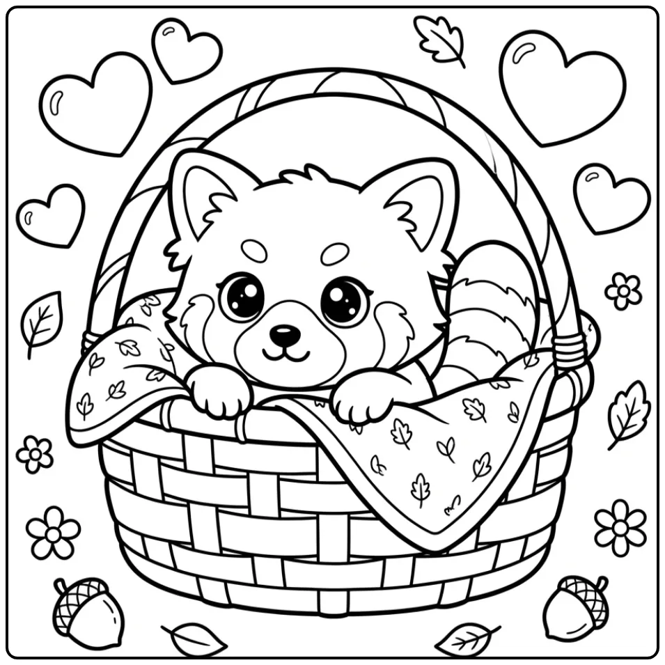 Baby red panda coloring page in a soft basket