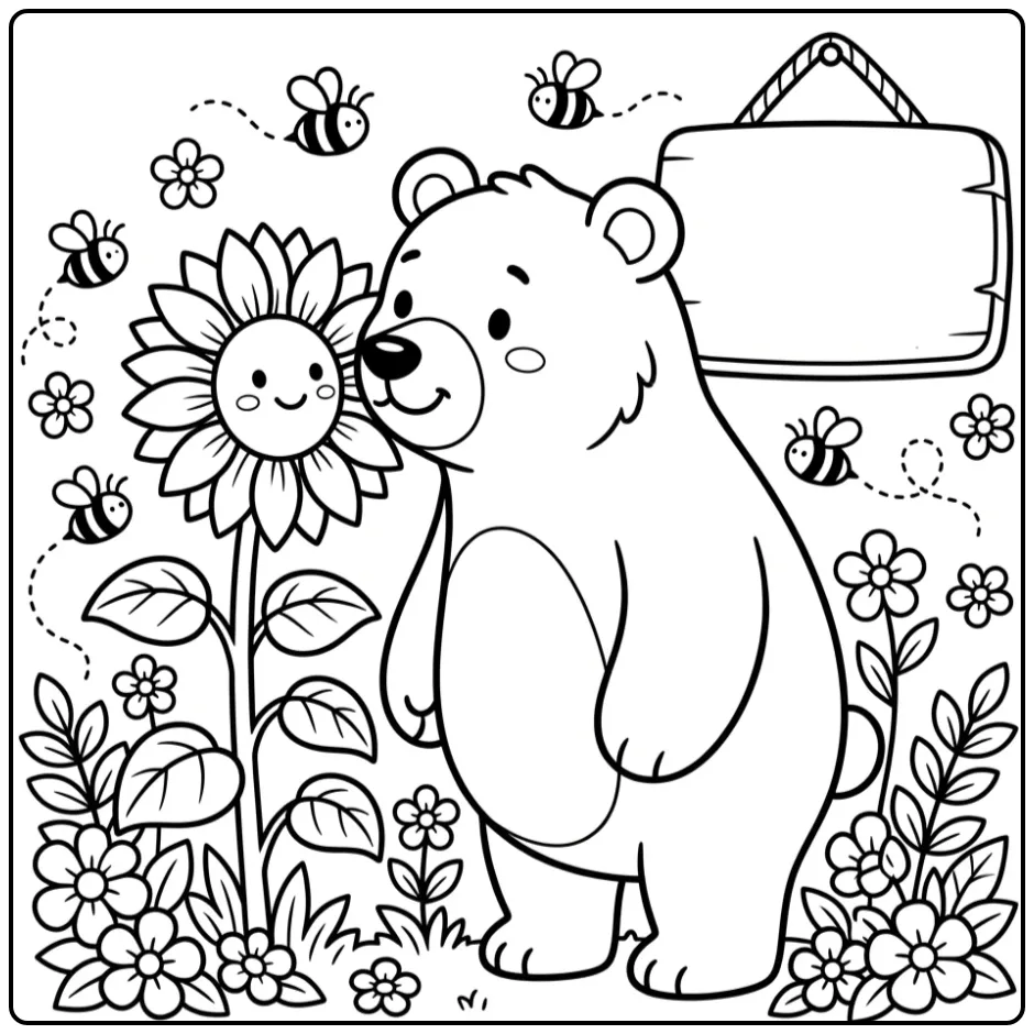Bear coloring page smelling a sunflower