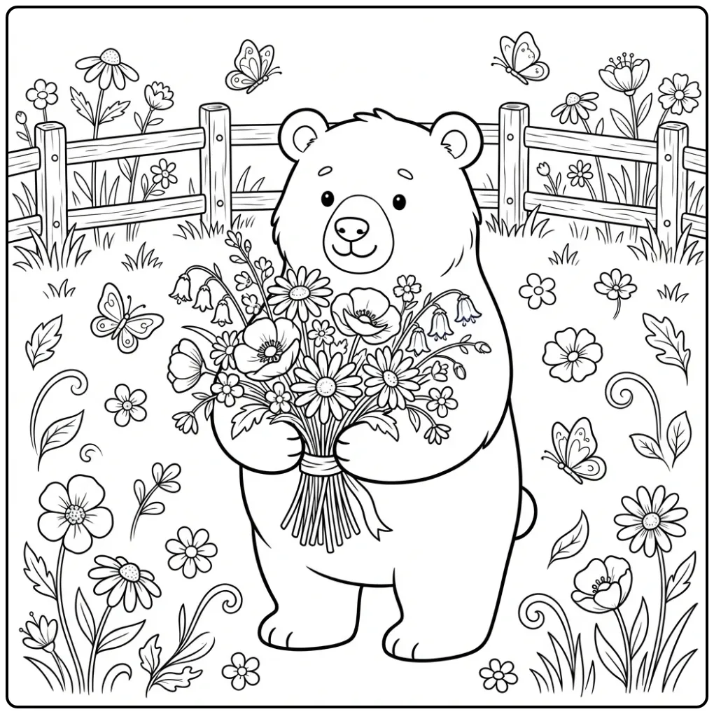 Bear coloring page with flowers and butterflies