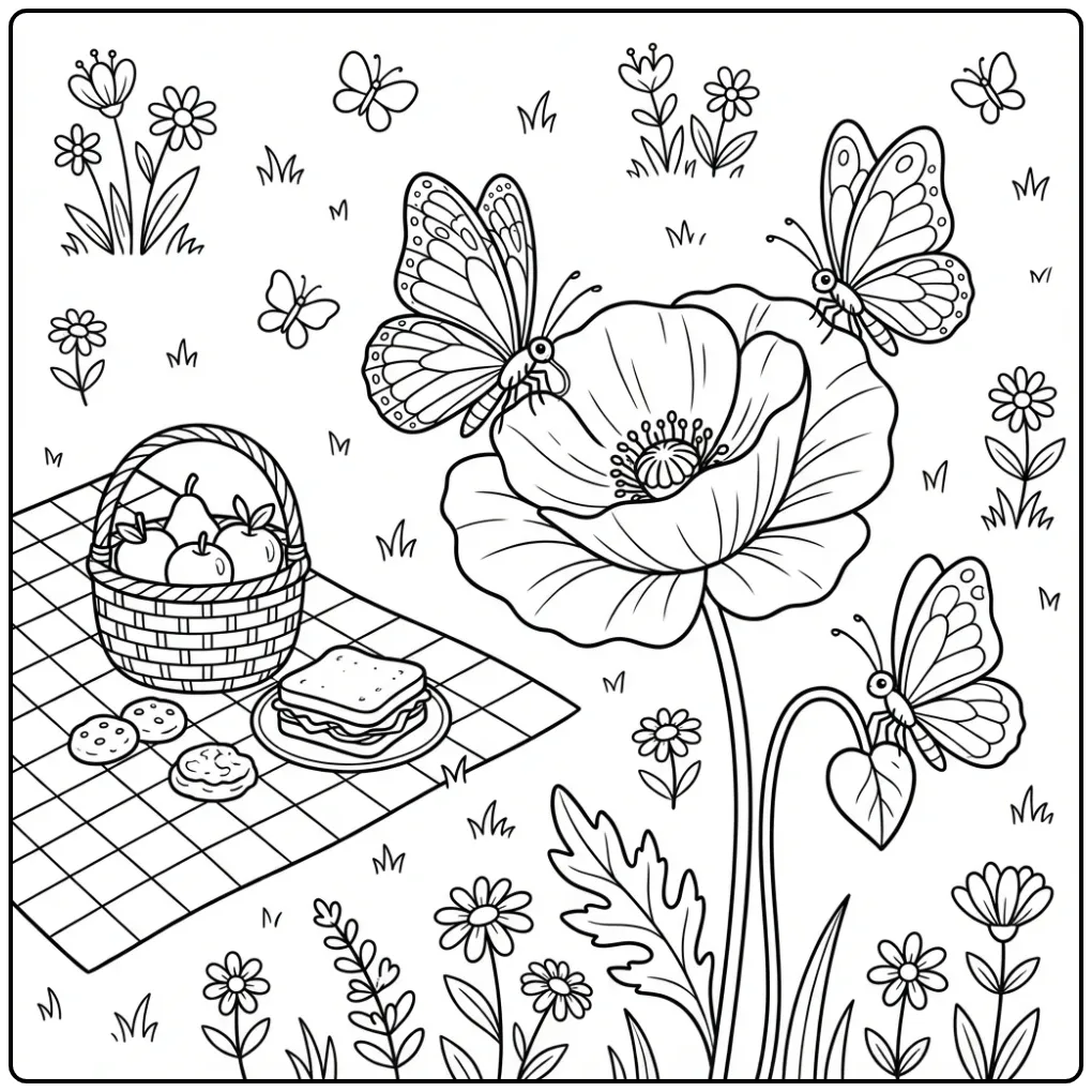 Flowers and butterflies coloring page with a poppy picnic