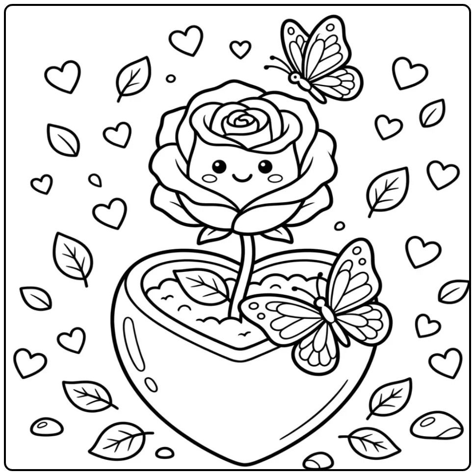 Flowers, butterflies, and hearts coloring page with a rose