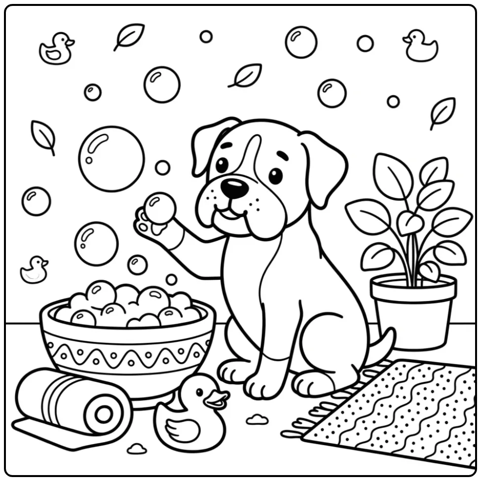 Fun Boxer Dog Puppy Playing with Soap Bubbles coloring page