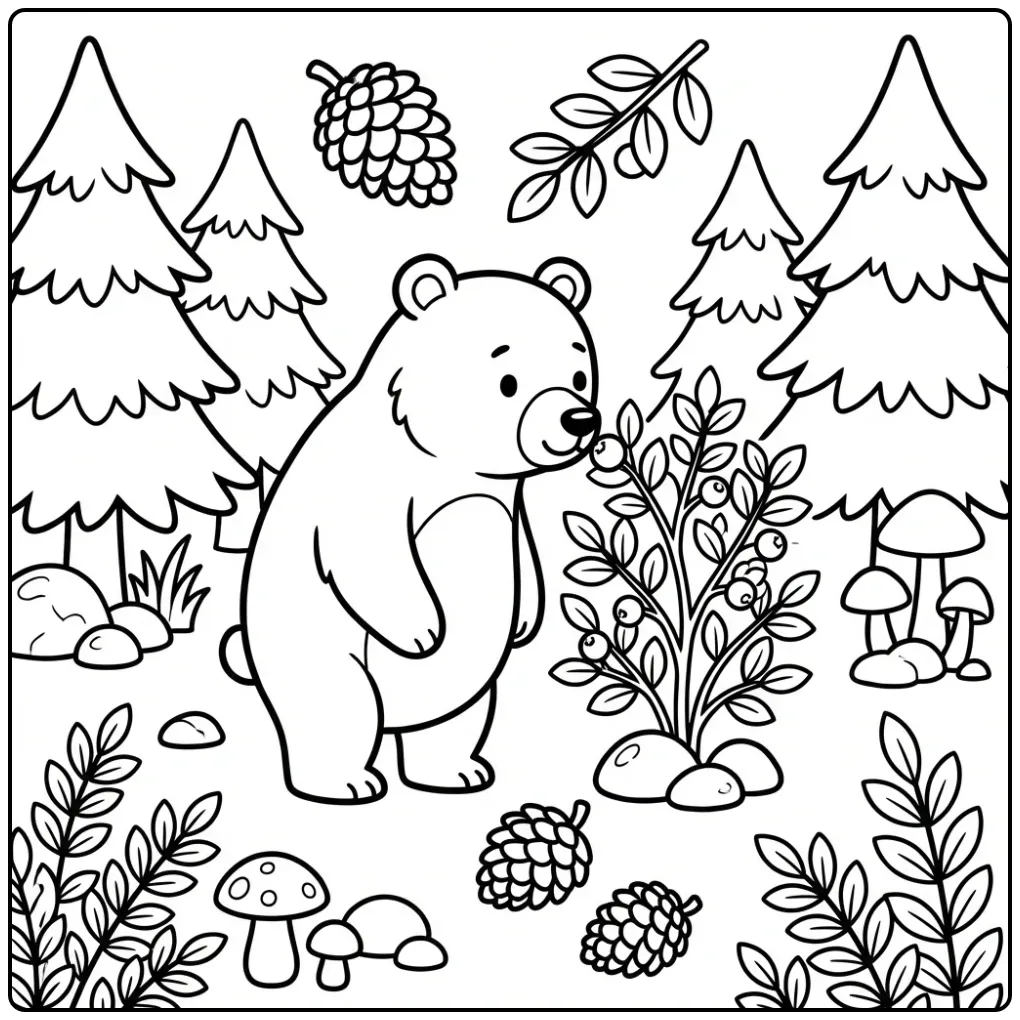Brown bear coloring page smelling berries in the forest