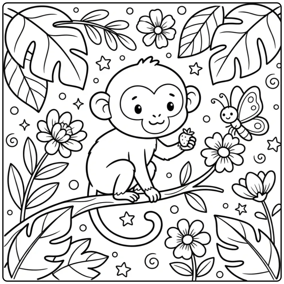 Squirrel monkey coloring page on a branch with a berry
