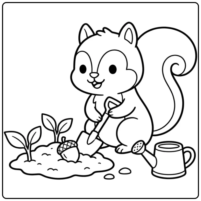 Squirrel coloring page planting an acorn in the ground