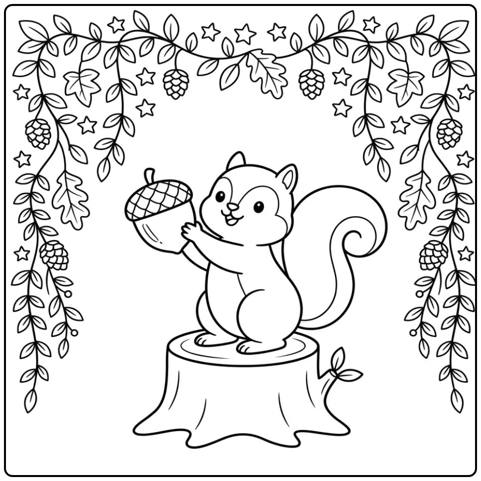Squirrel coloring page presenting a prize acorn