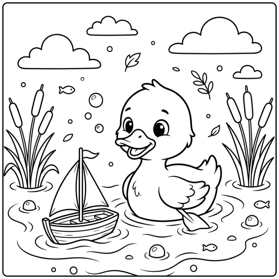 Duck coloring page with a sailboat in the pond