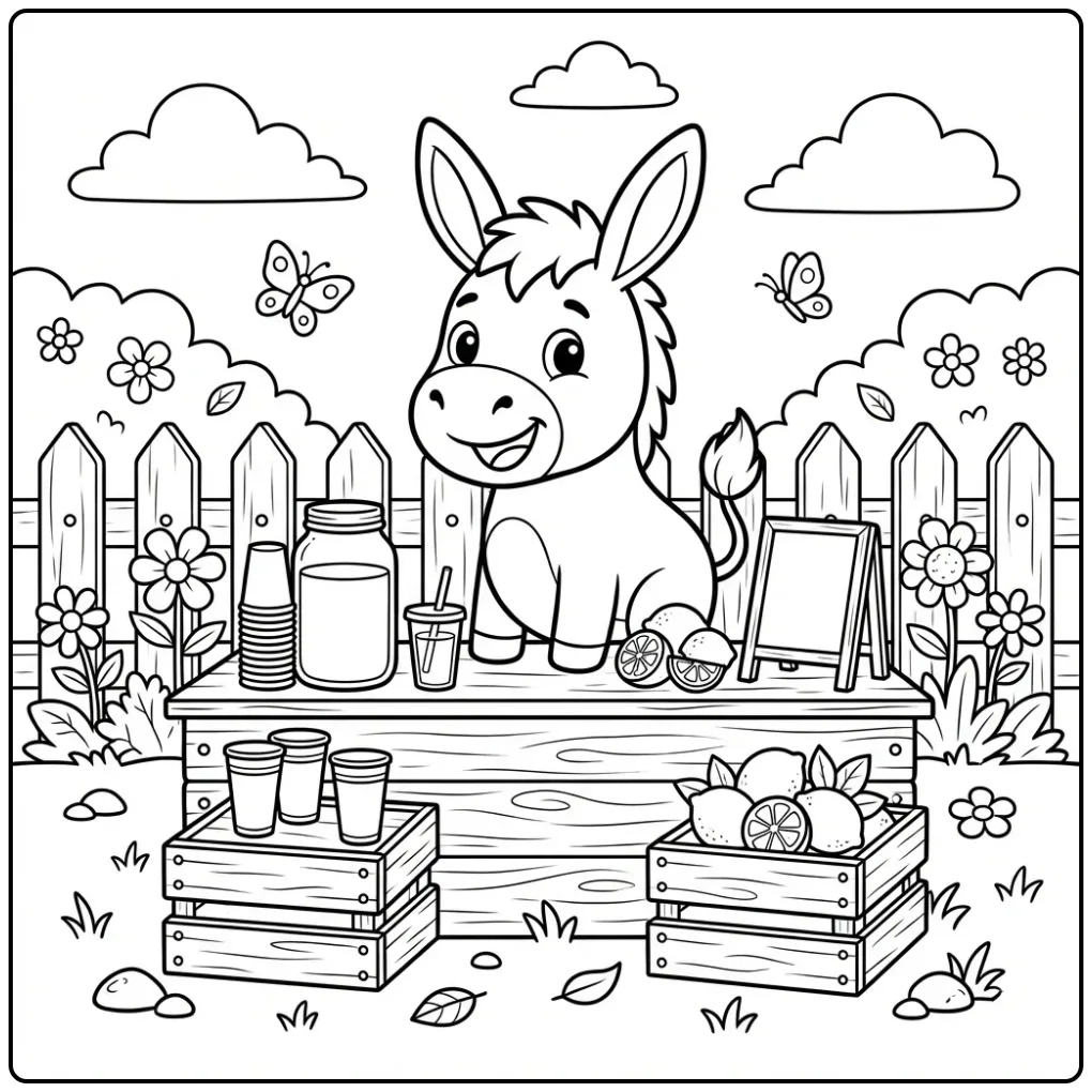 Cute donkey coloring page at a wooden lemonade stand