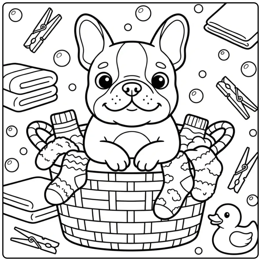 Fun French Bulldog Among Clean Laundry coloring page