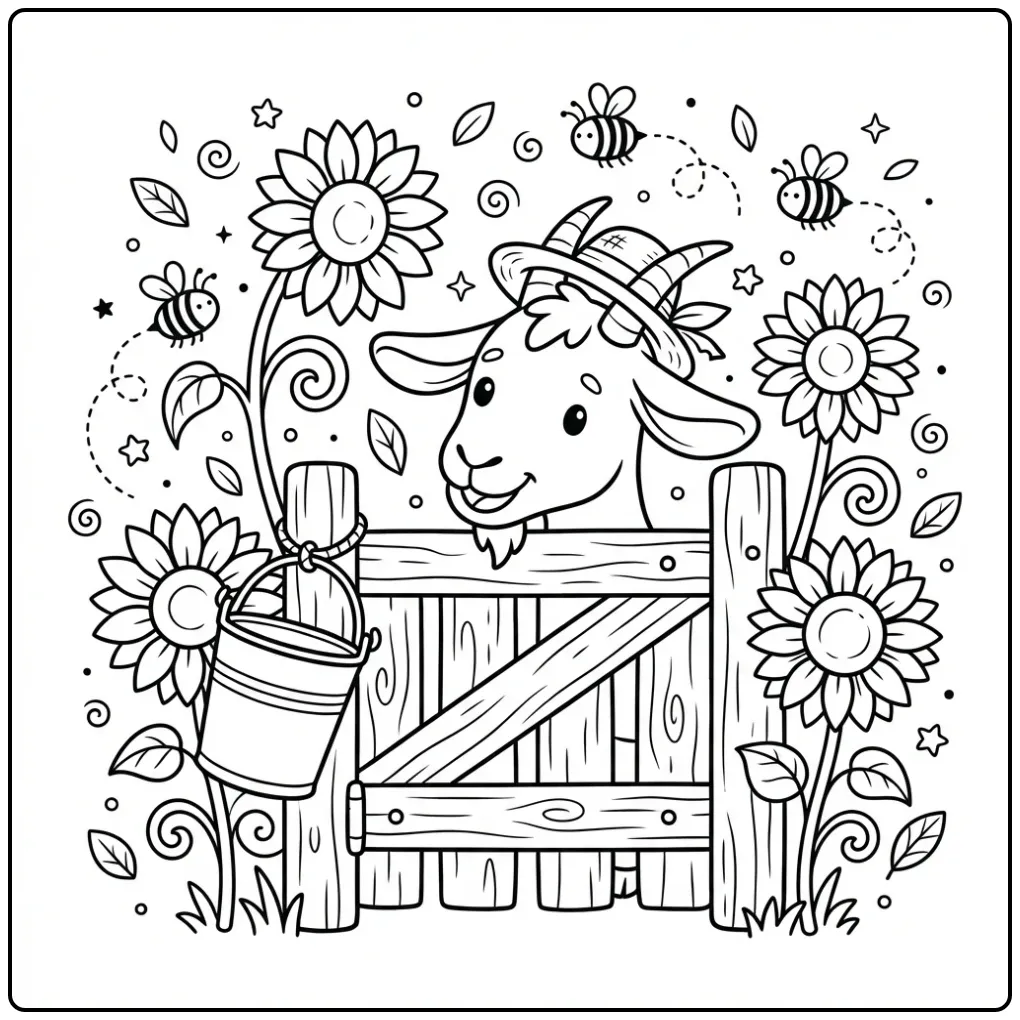 Cute goat coloring page with a hat and sunflowers