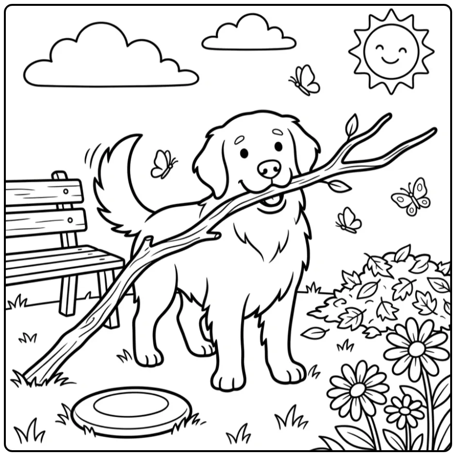 Fun Golden Retriever Playing in the Park coloring page