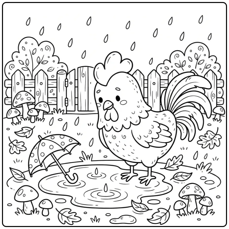 Rooster coloring page looking at raindrops in the rain