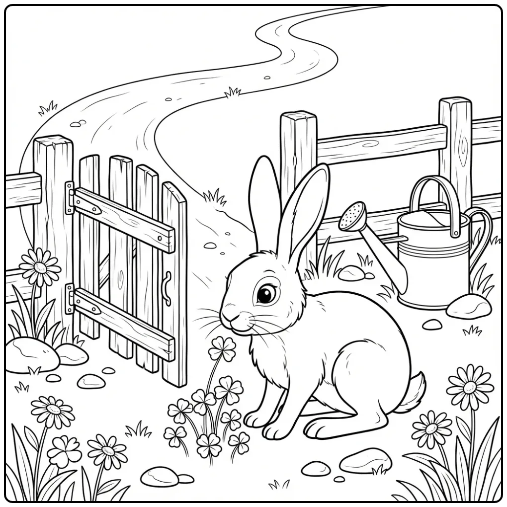 Hare coloring page sniffing clover by a fence