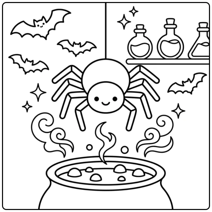 Halloween spider coloring page above a cauldron
