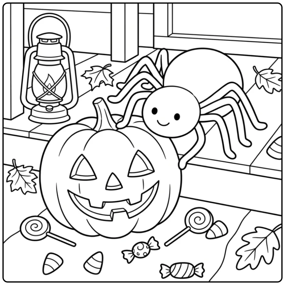 Halloween spider coloring page with candy and pumpkin