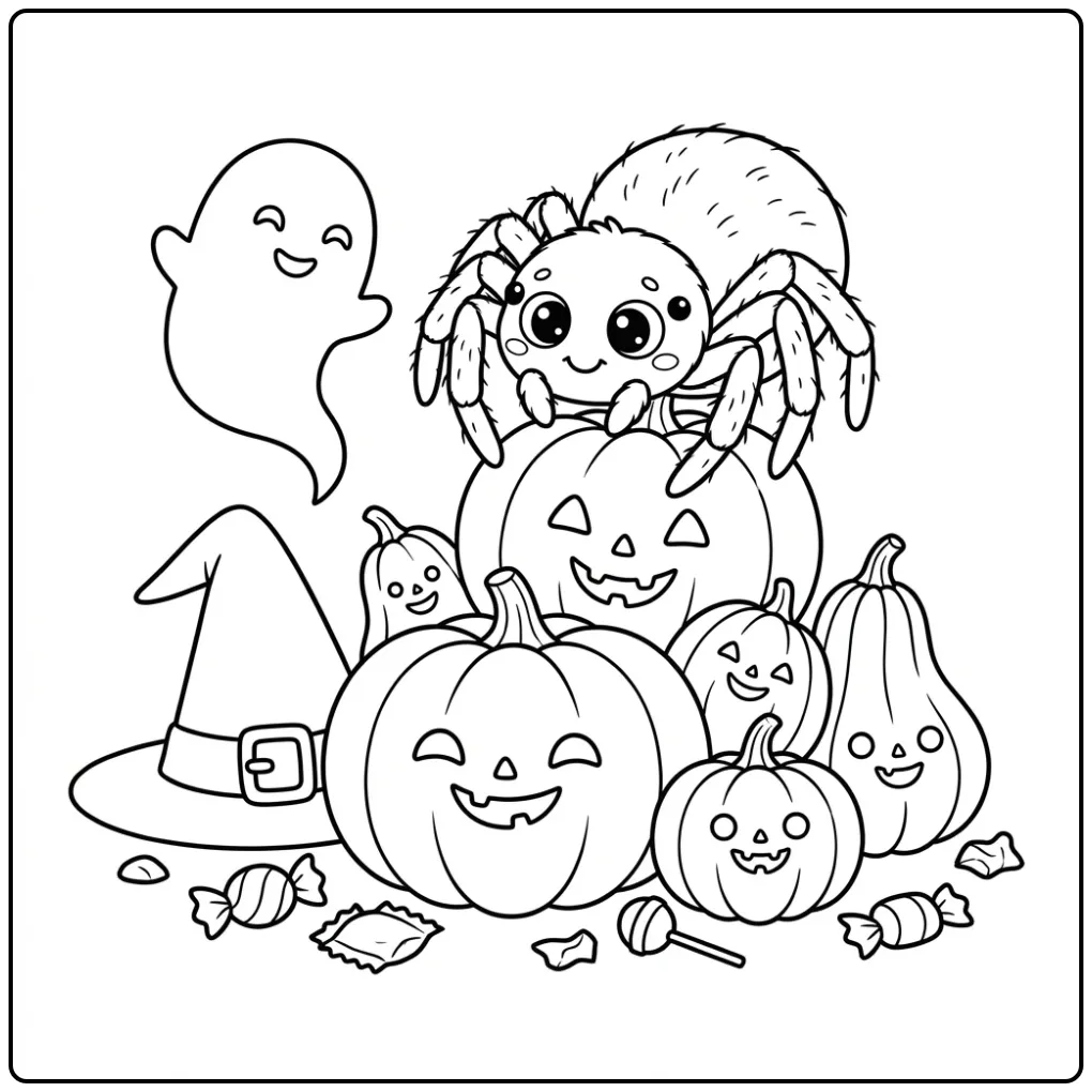 Halloween spider coloring page with pumpkins