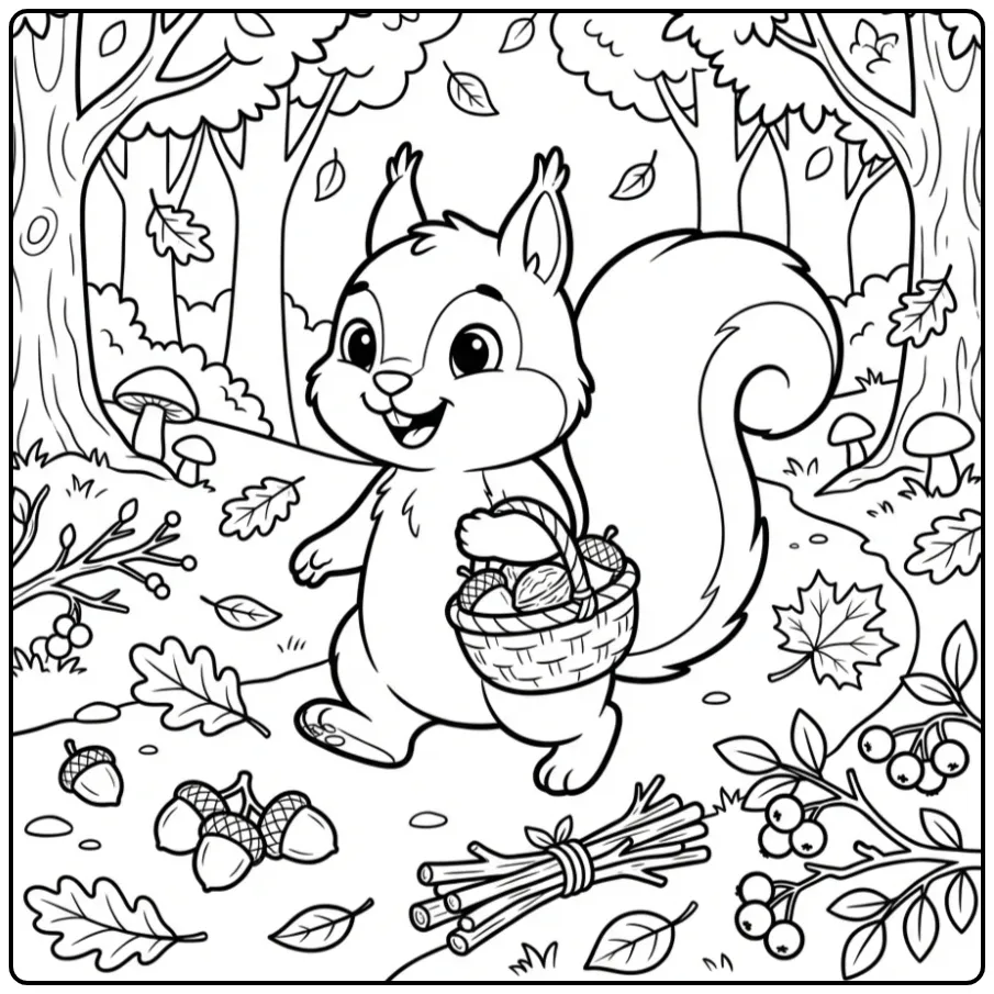 Autumn squirrel coloring page carrying a basket of acorns
