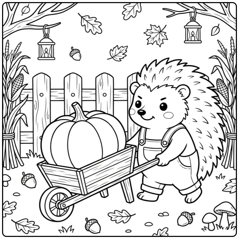 Autumn hedgehog coloring page with a pumpkin wheelbarrow