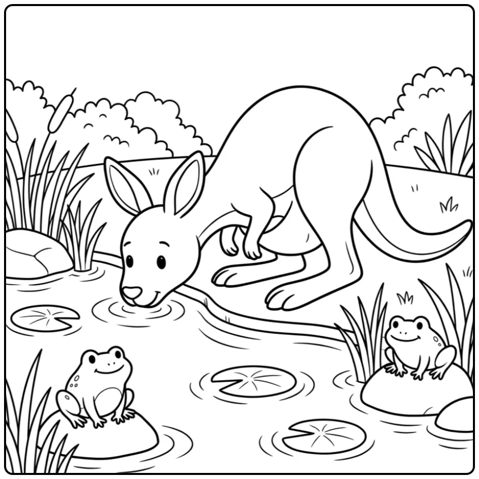 Kangaroo coloring page by the water with frogs