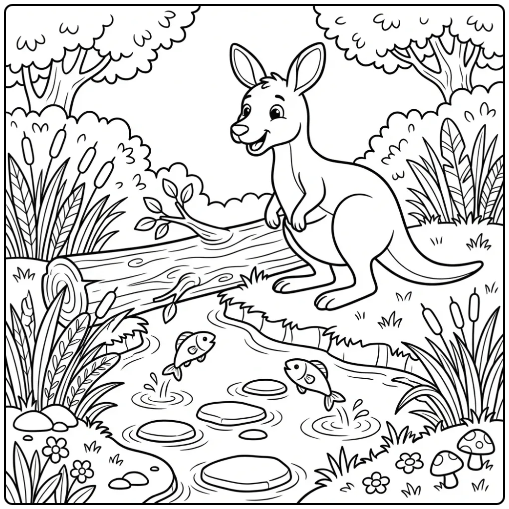 Cute kangaroo coloring page by a log and stream