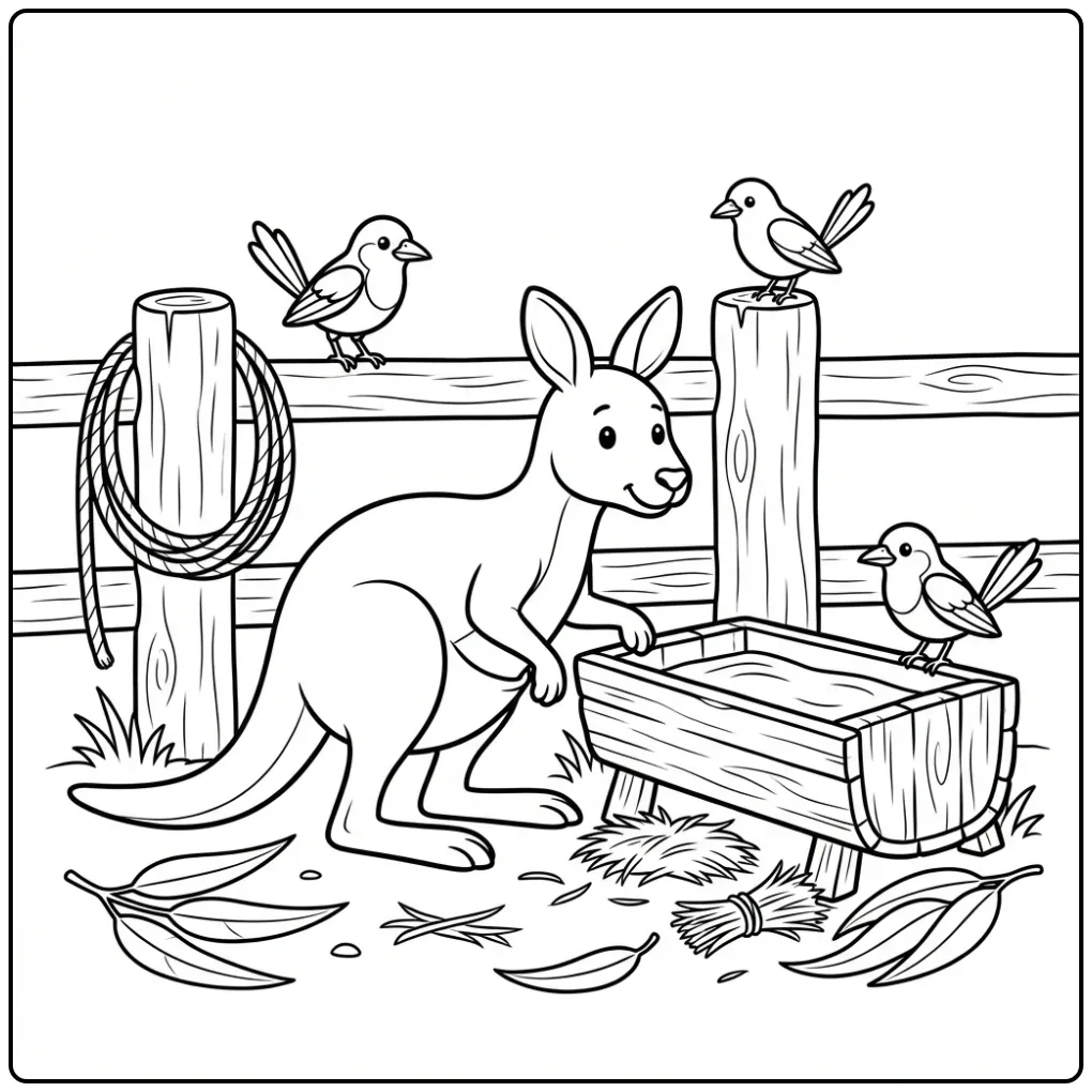Kangaroo coloring page drinking by a wooden fence with birds