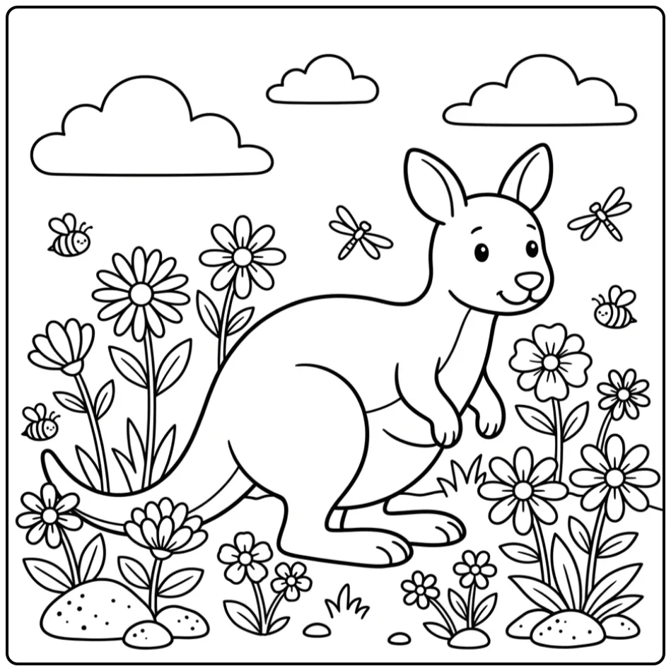Cute kangaroo coloring page among flowers and rocks