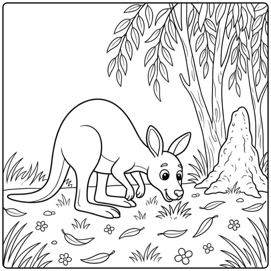 Cute kangaroo coloring page grazing by eucalyptus trees