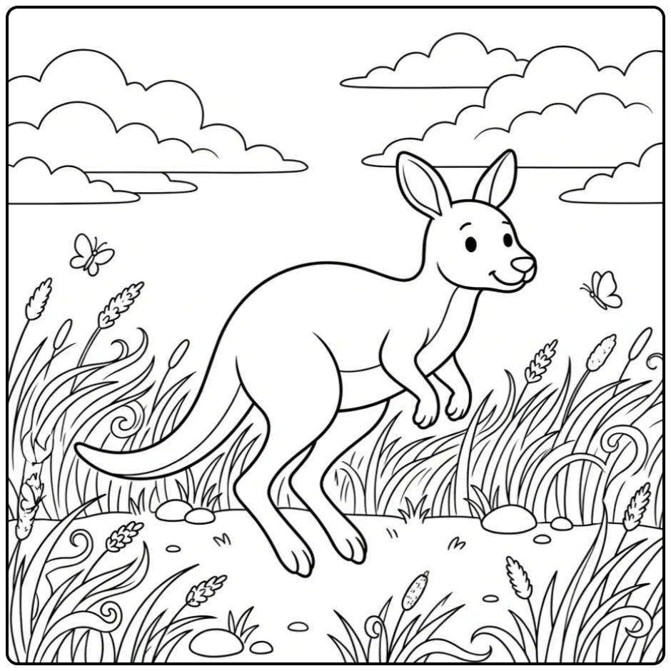 Kangaroo coloring page jumping in tall grass