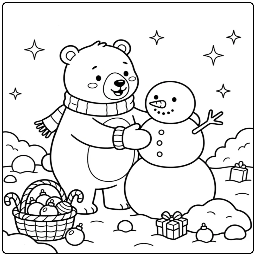 Christmas bear coloring page with scarf and mittens
