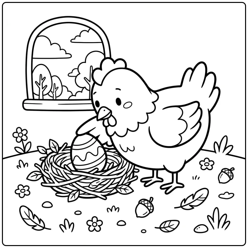 Chicken and egg coloring page with mother hen and nest
