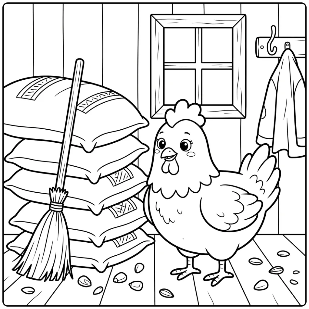 Chicken coloring page with grain sacks and a broom
