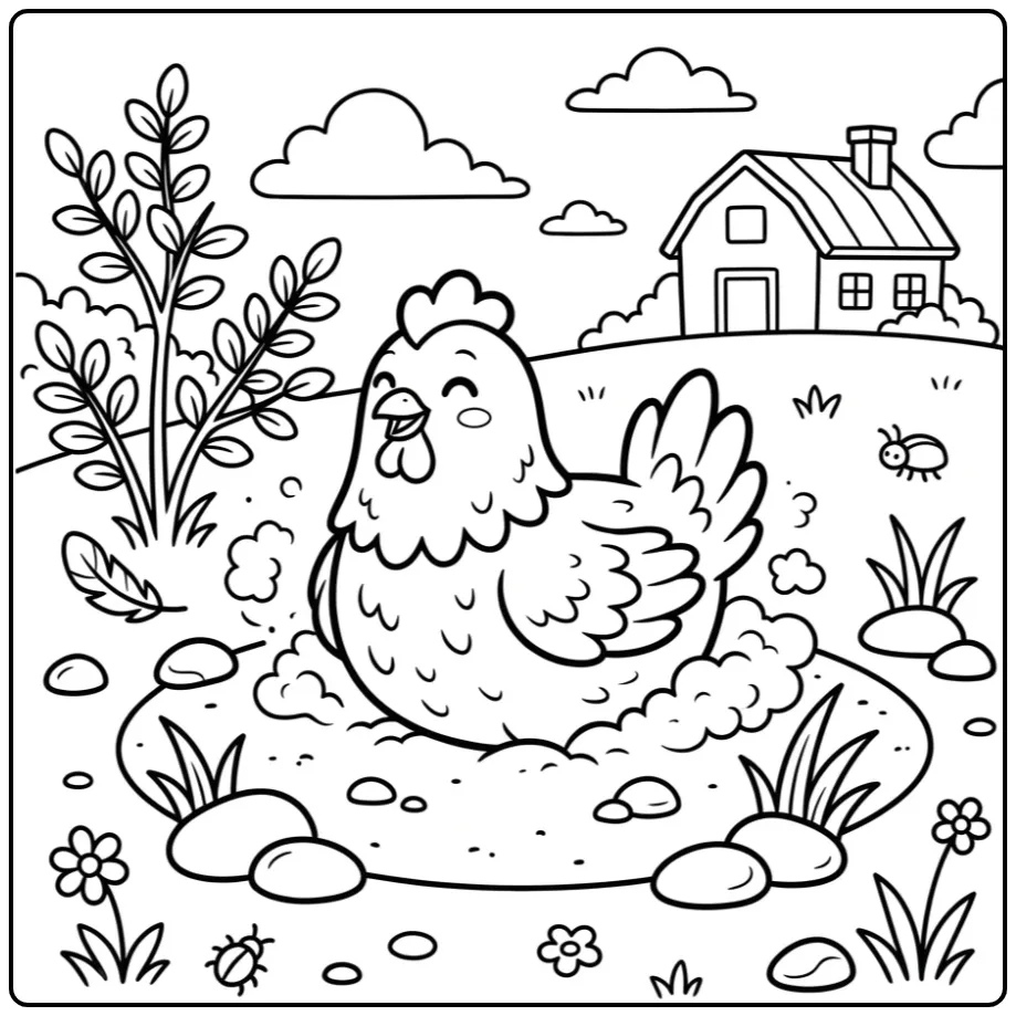 Chicken coloring page taking a dust bath on the farm