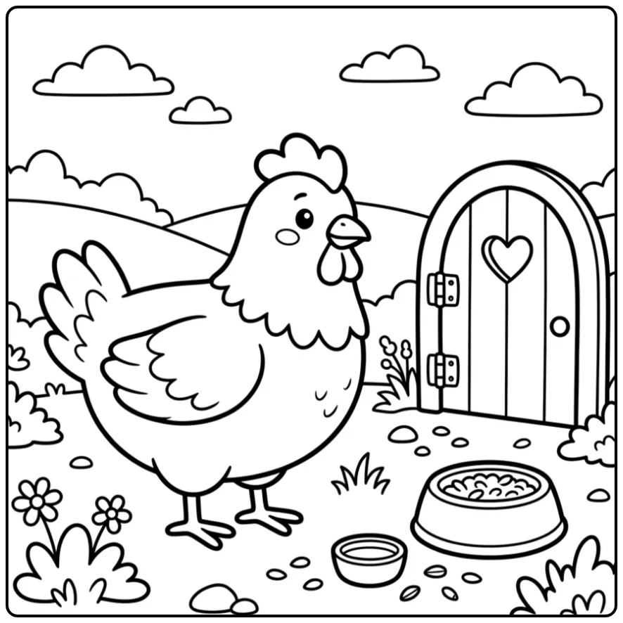 Toddler chicken coloring page by a coop and feeder
