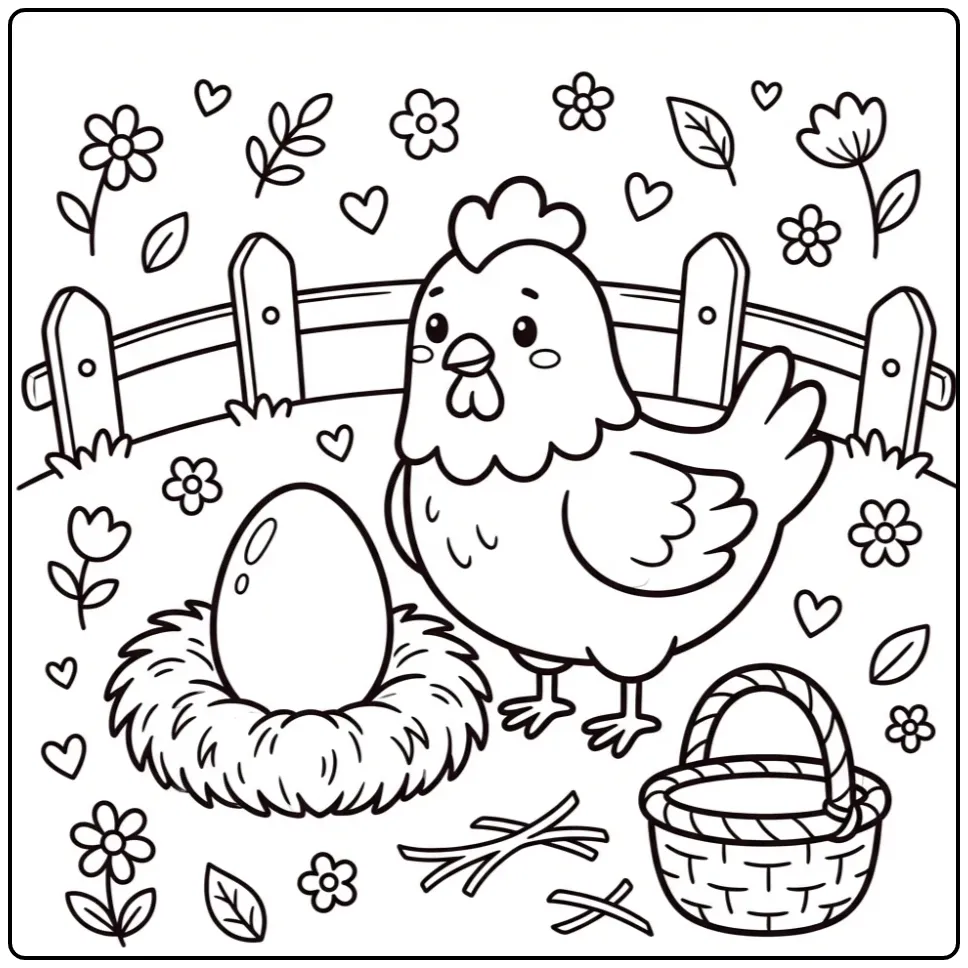 Toddler chicken coloring page with a large egg in a nest
