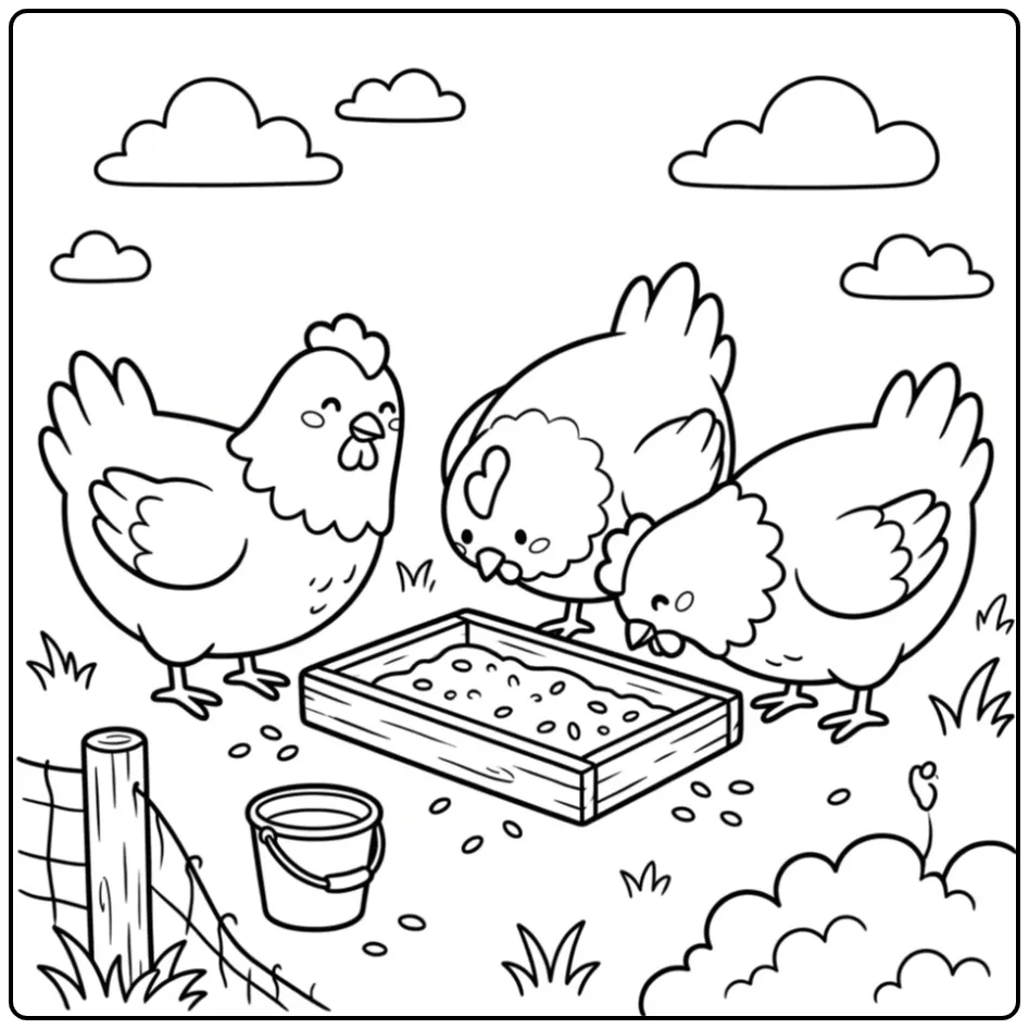 Chicken coloring page with hens eating from a wooden feeder