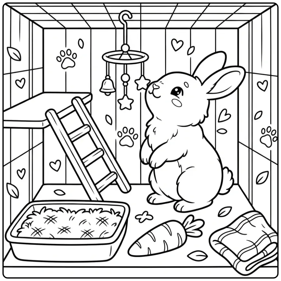 Rabbit in hutch coloring page standing by a toy