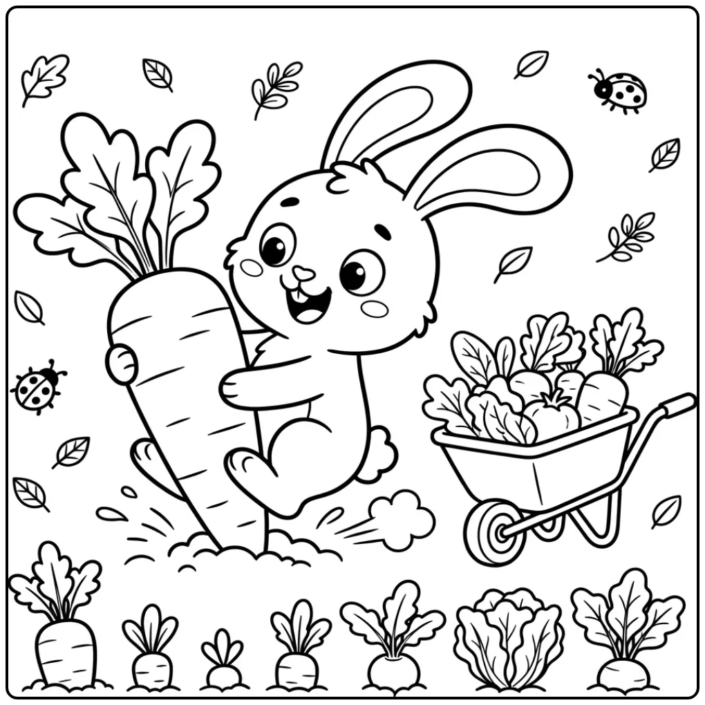 Rabbit with carrot coloring page with a wheelbarrow