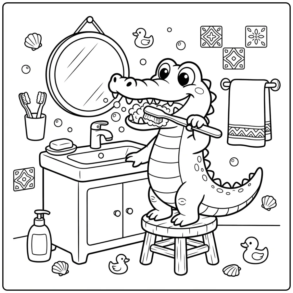 Crocodile coloring page featuring a crocodile brushing its teeth