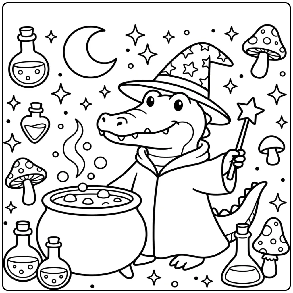 Crocodile coloring page featuring a crocodile wizard