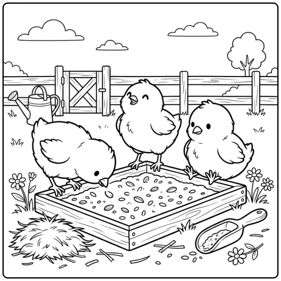 Little chicks coloring page eating grain from a feeder