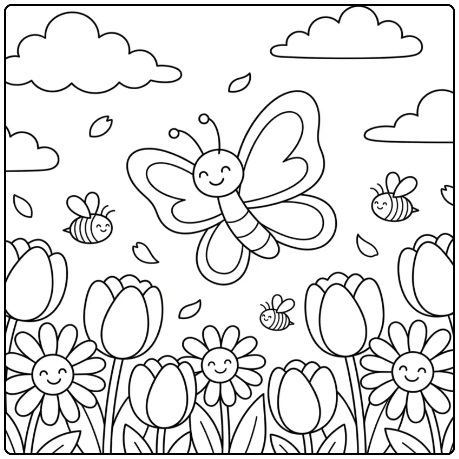 Spring butterfly coloring page with flowers and bees