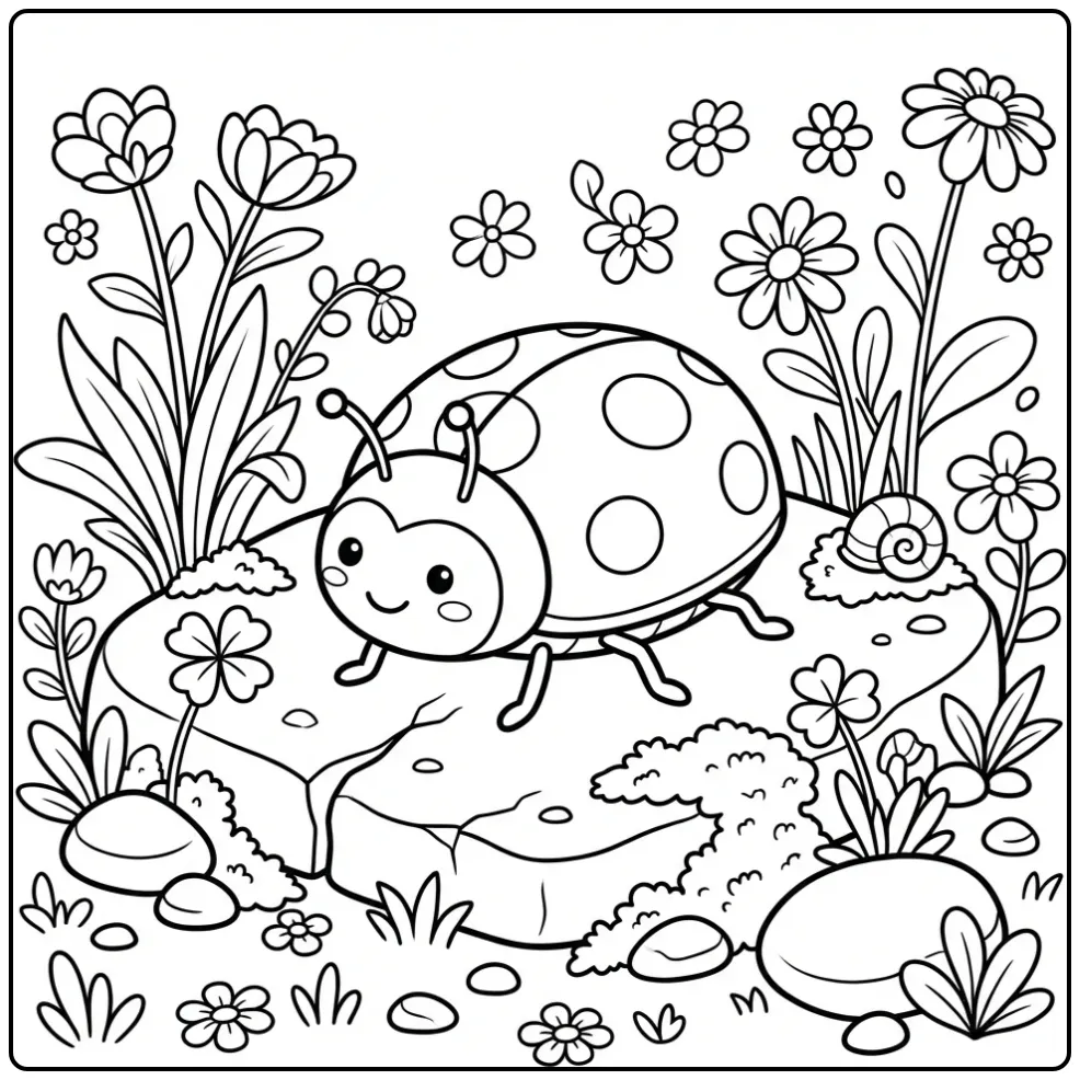 Ladybug coloring page on a stone with moss and clover