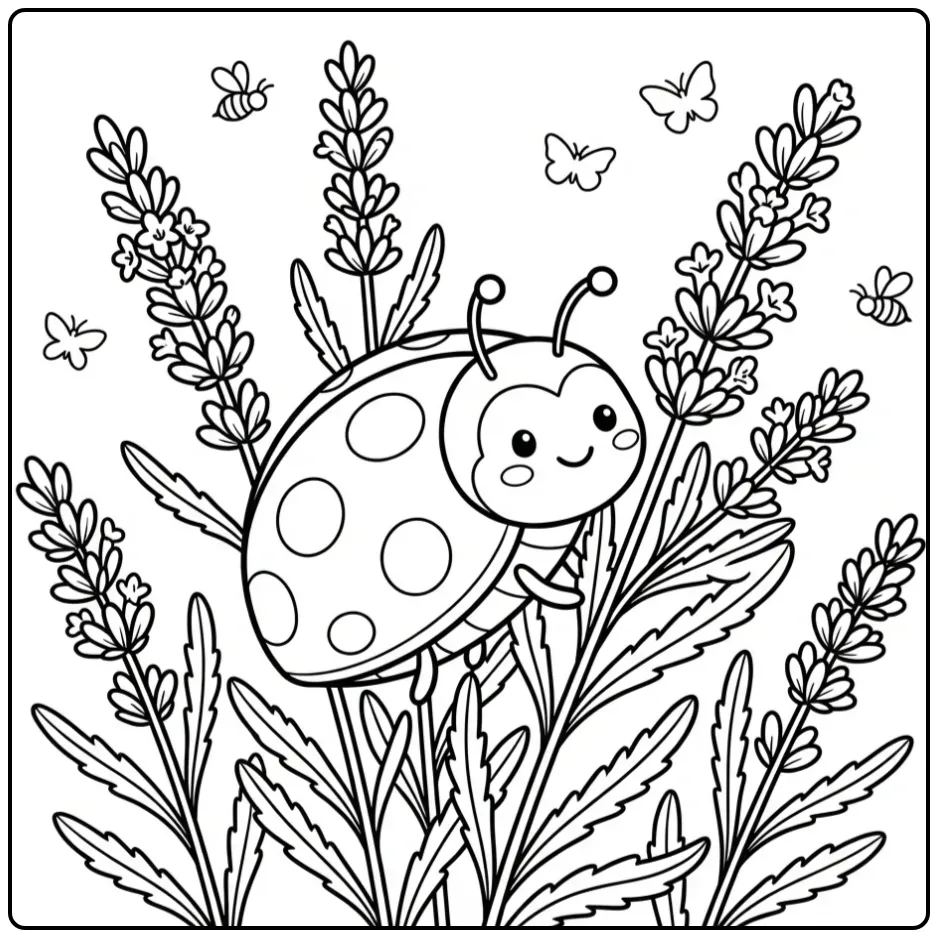 Cute ladybug coloring page between lavender flowers