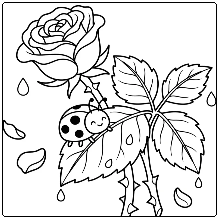 Cute ladybug coloring page on a rose leaf